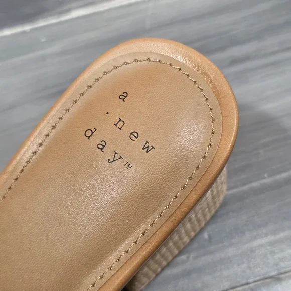 A New Day Kathleen Sandals Raffia Rhinestone Buckle Block Heel Mules Square Toe - Picture 13 of 15